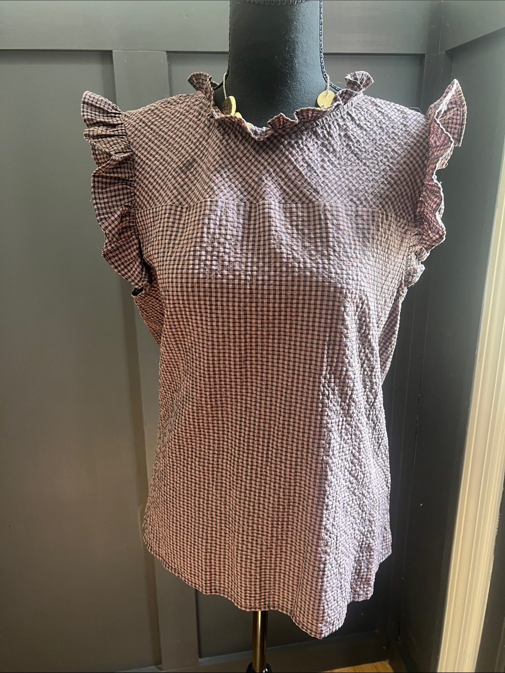 CeCe Mauve Pink Gingham Ruffle Sleeve Blouse